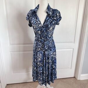 Boston Proper Blue and White Wrap Midi Dress